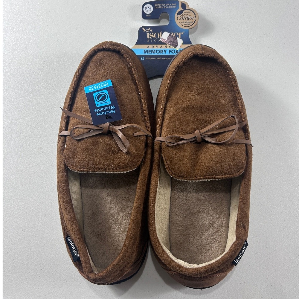 Isotoner Signature Mens XXL 13-14 Cognac‎ Memory Foam Moccasin Slippers NEW